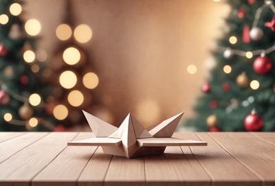 The primary subject of the image is a paper crane, which is a traditional Japanese origami design. The crane is placed on a wooden table, which serves as the setting for the scene. The visual style of the image is a combination of photo and digital art, creating a realistic yet artistic representation of the paper crane. The colors and mood of the image are predominantly earthy tones, giving it a warm and cozy atmosphere.